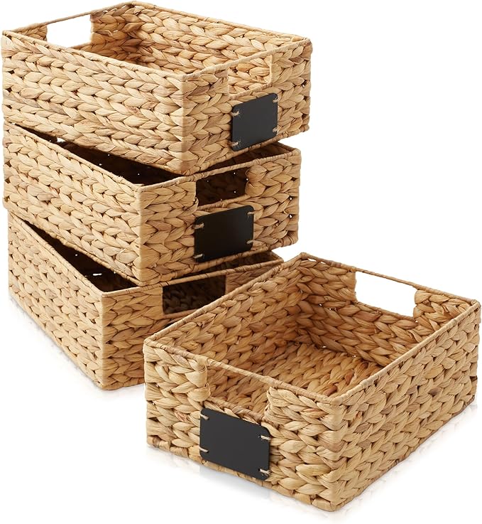 Casafield Set of 4 Water Hyacinth Pantry Baskets, 10" x 13" x 5", with Chalkboard Labels and Chalk Marker - Natural, Woven Storage Bin Organizers for Kitchen Shelves-NeatNest