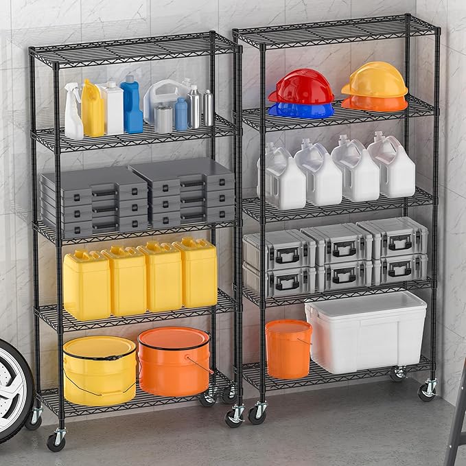 Heavy Duty Storage Shelves 5-Tier, Wire Shelving Unit with Wheels & Adjustable Feet Metal Shelf Rack for Garage, Kitchen, Pantry, Laundry Room 400 Lbs Per Shelf - 14x36x75