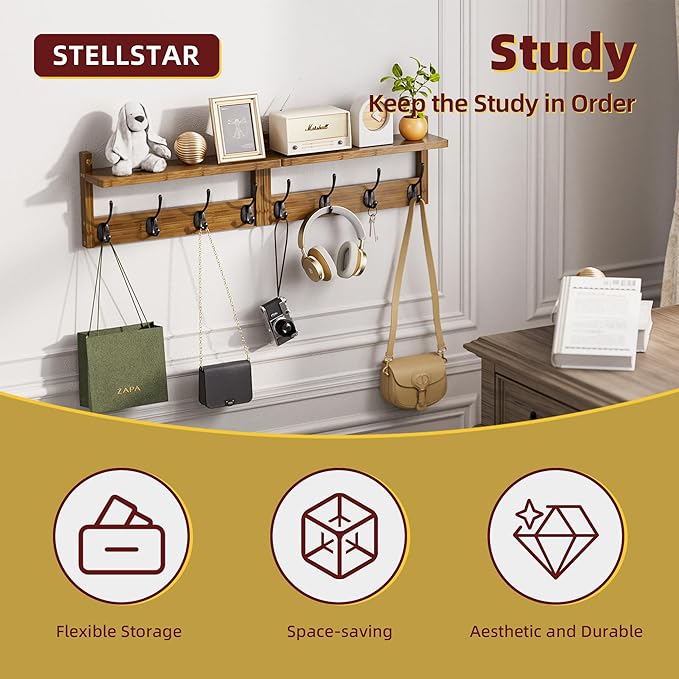 Coat Rack with Shelf Wall Mount, Entryway Bamboo Hanging Shelf, Set of 2, Wall Hook Rail for Hallway Décor, Storage Clothe, Hat, Robe, Key, Dog Leash (Walnut)-NeatNest