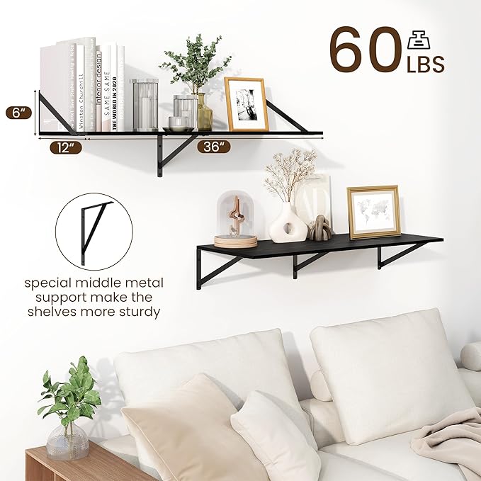 Fun Memories Floating Shelves for Wall, 12 Inch Deep Floating Shelves Set of 2, 36W x 12D Large Wall Shelf with Sturdy Metal Brackets for Living Room, Bathroom, Bedroom and Kitchen, Black-NeatNest