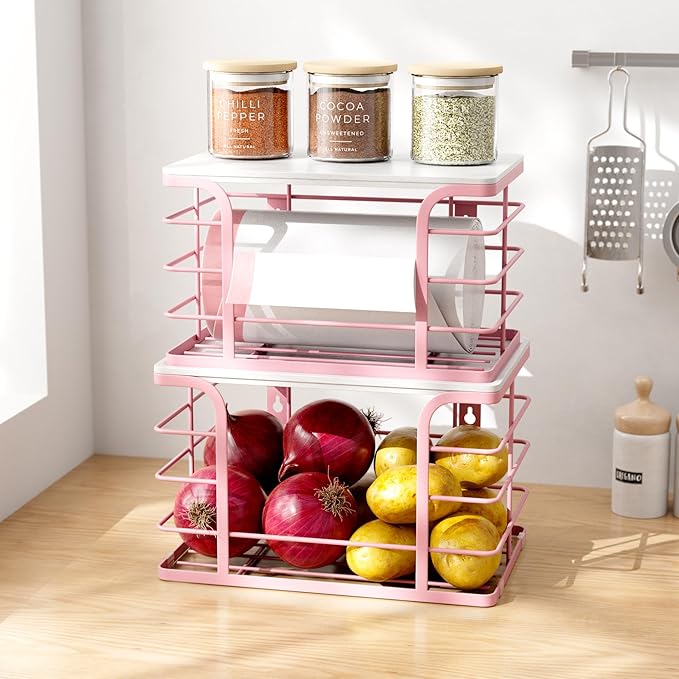 2 Pack Extra Large Stackable Pantry Storage with Bamboo Top,Wall Mount Trash Bag Dispenser Roll Holder for Kitchen Pantry Laundry Room,Pink-NeatNest