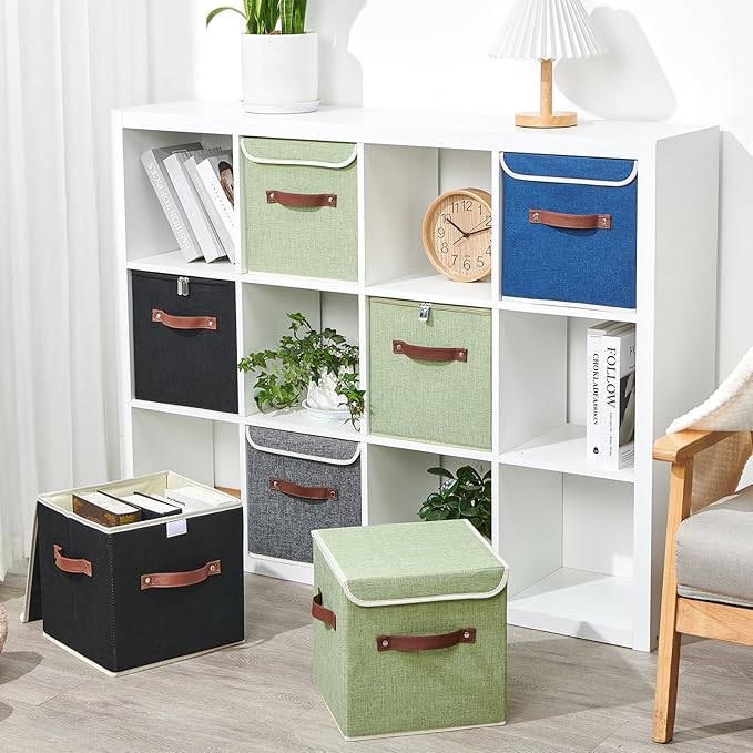 2PCS Storage Cubes with Lid Fabric Storage Bin Box PU Leather Handles Cotton Linen Closet Organizer Container Decorative Foldable Washable Shelf Cloth Basket (Zipper Lid, Deep Blue, 11in)-NeatNest