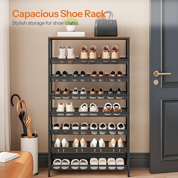 HOOBRO 8-Tier Shoe Rack, 29.5"L Shoe Shelf, Large Capacity Shoe Storage Organizer for 21-24 Pairs of Shoes, Front Door Entrance, Entryway, Hallway, Closet, Space Saver, Rustic Brown and Black BF18XJ01-NeatNest