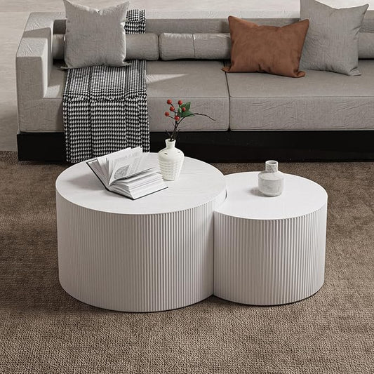 Modern Round Wooden Nesting Coffee Table Set of 2 Circle Tables with Non-Slip Feet, Accent Side End Table, Saving Space Design and No Need Assembly (GSMALL)