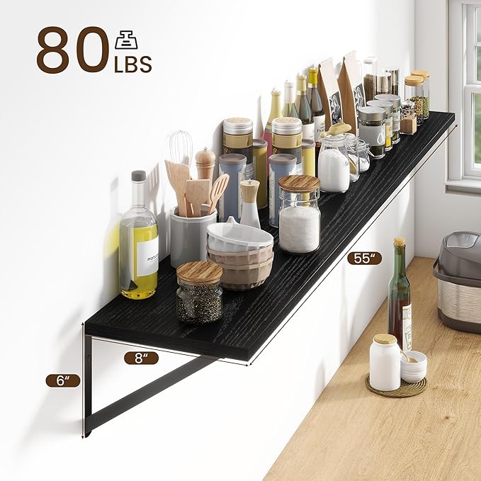 Fun Memories Deep Floating Shelves for Wall, 55W x 8D Wall Mounted Shelves Set of 2, Wide Display Ledge Shelf with Sturdy Metal Brackets for Living Room, Bathroom, Bedroom and Kitchen, Black-NeatNest