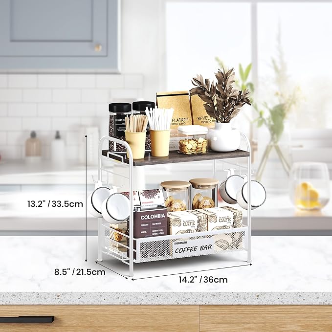 Coffee Bar Organizer for Countertop Station, Simple Assembly 2 Tier Shelf for Home,Office, Coffee Cup Holder Storage Organization for Counter Accessory Storage Rack with 4 Hooks Space-Saving-NeatNest
