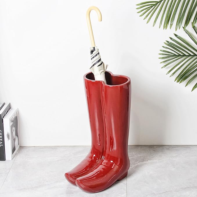 Ceramic Boot Umbrella Stand Boots Vase Freestanding Umbrella Bucket Ceramic Umbrella Rack Home Decor Piece for Home Decor, Office, Apartment, Hotel, Bars, Red-NeatNest