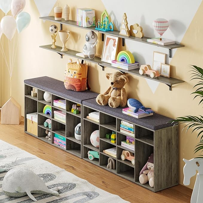 DINZI LVJ Shoe Storage Bench with Cushion, 16-Cubby Shoe Rack, Adjustable Shelves, Multifunctional Shoe Organizer Bench for Entryway, Mudroom, Hallway, Living Room, Bedroom and Garage, Gray Wash-NeatNest