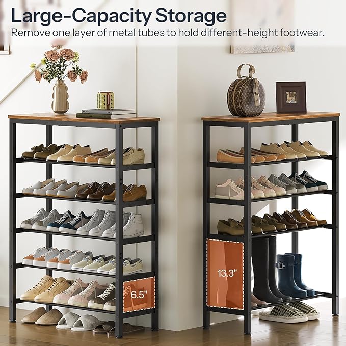 6 Tier Tall Shoe Rack, Large-Capacity Storage Organizer, Free Standing Shoe Shelf for Closet, Adjustable Metal Shoe Racks for 24 Pairs of Shoes, Rustic Brown and Black SS76BR-NeatNest