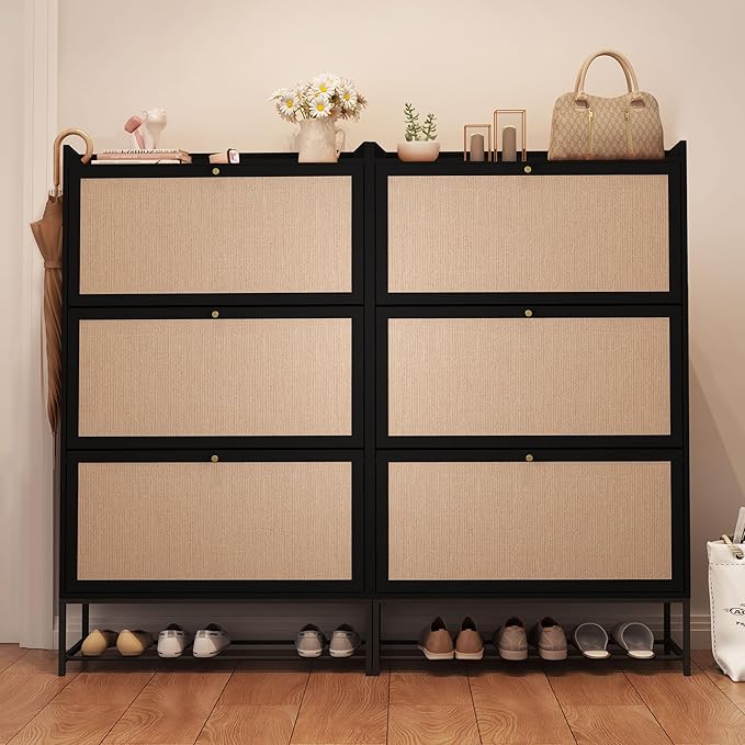 AVZEAR Shoe Cabinet, Shoe Cabinet Freestanding Tipping Bucket Shoe Rack Organizer with 3 Flip Drawers, Modern Entryway Narrow Shoe Rack for Entryway, Hallway, Bedroom (Black)-NeatNest