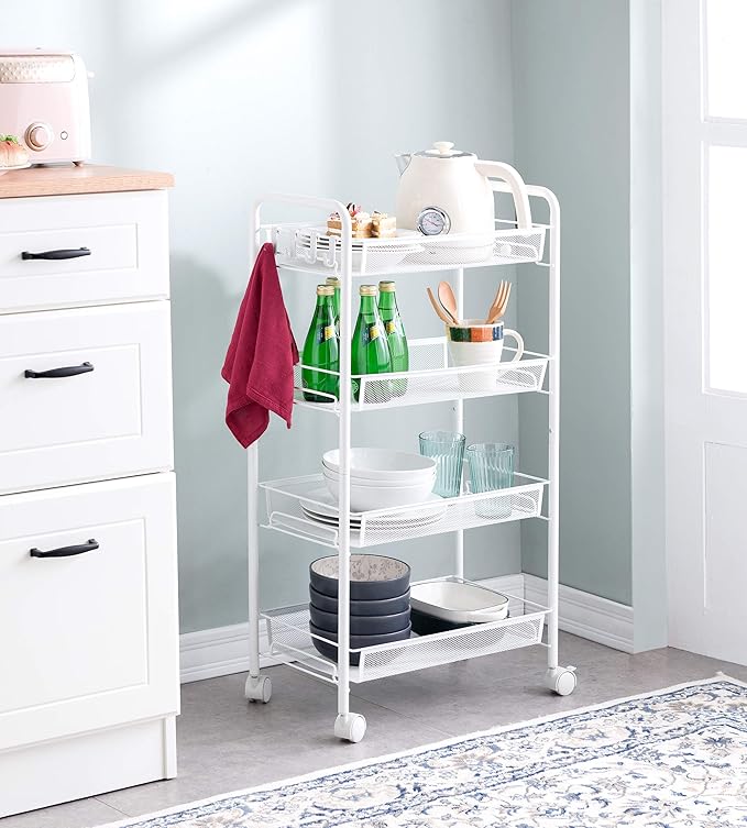 JANE EYRE Rolling Utility Storage Rack Cart on Wheels, Trolley Carft cart, Multi-Purpose Organizer Shelf (White, 4 Tier)…-NeatNest
