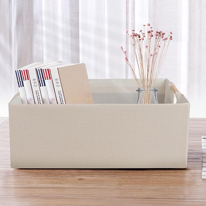 ANMINY 4PCS Storage Baskets for Organizing Collapsible Fabric Storage Bins Boxes with Wood Handles Closet Shelves Cube Organizer Bins Clothes Laundry Storage Container - Large, Beige-NeatNest