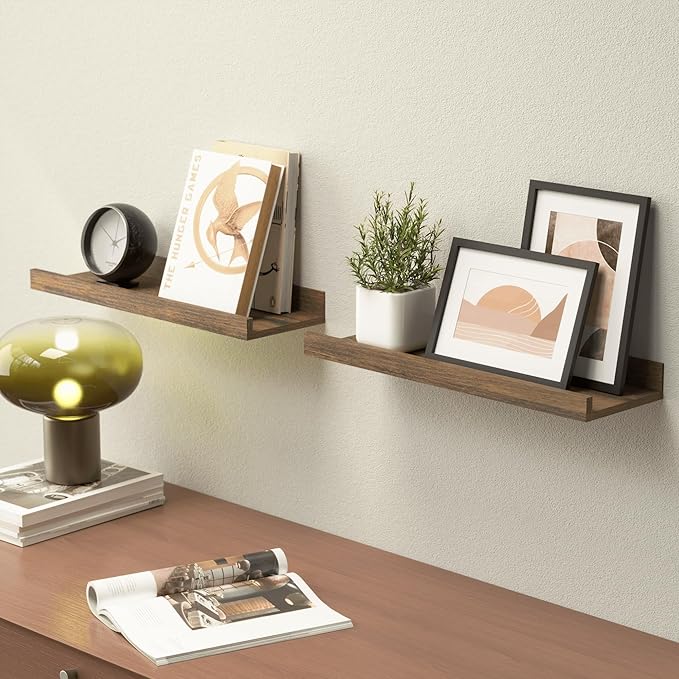 Floating Shelves for Wall, Wall Mounted Shelves Set of 2, Rustic Shelves with Lip, Display Picture Ledge Shelf for Wall Decor Living Room Bathroom Kitchen - Brown-NeatNest