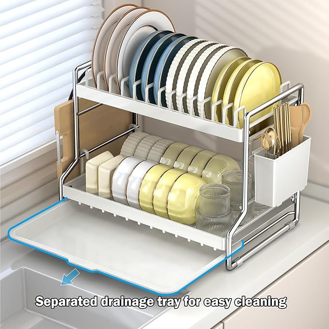 Dish Drying Rack 2 Tier Countertop Dish Draining Rack Organizer White