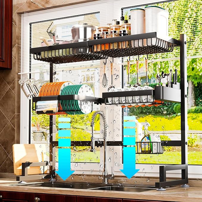 3-Tier Over Sink Dish Draining Rack, Adjustable Width and Height, with Phone Holder, Cup Holder, Knife and Chopstick Holder, Cutting Board Rack, Space-Saving Rack