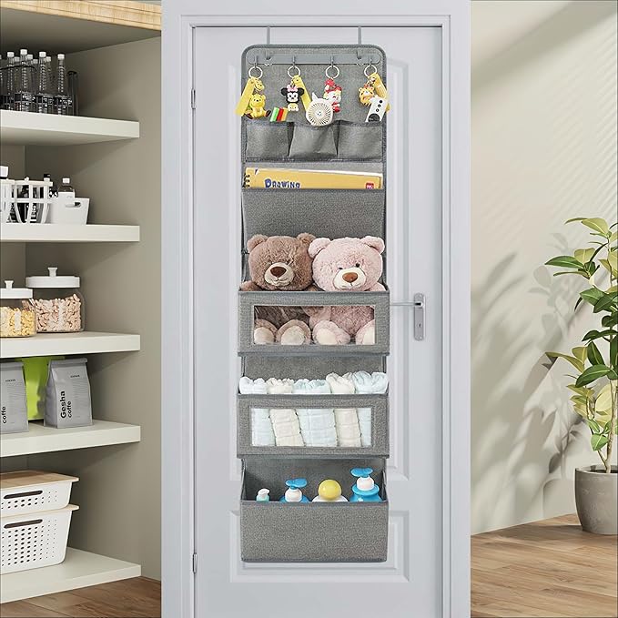 VICTORICH All-IN-ONE Over the Door Organizer, Super Behind the Door Storage Organizer with Door Rack and Large Clear Windows, Wall File Organizer, Hanging Organizer (New Linen Gray)