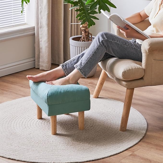 YMYNY 15.75" Small Footstool Ottoman, Footrest with Sponge Padded Seat, Step Stool for Sofa, Bedroom, Living Room, Entryway, Modern Change Shoes Stool, Wood Legs, Greenish Blue, UHBD023T
