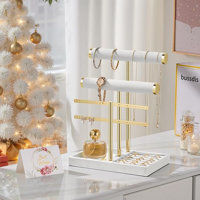3 Tier Bracelet Holder Display - Detachable T Bar White Velvet Bracelet Holder, Jewelry Holder Organizer for Bracelet, Necklace, Earrings, Rings