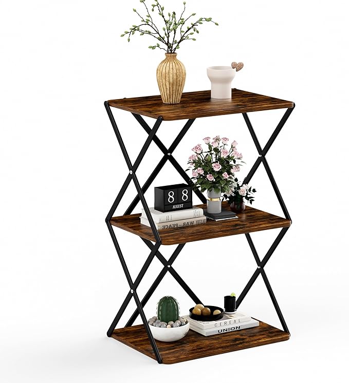 3-Tier End Table Small Side Table Tall Bedside Night Stand with Storage Sofa Side desks for Living Room Bedroom Office Bathroom Small Space Rustic Brown ET-03RB