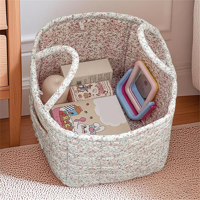 Boho Fabric Storage Basket Quilted Floral Print Baskets Organizer Bin with Handles for Home, Picnic, Shopping (Green, L)-NeatNest