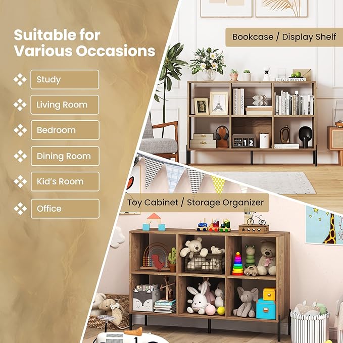 6 Cube Bookcase, Wood Storage Organizer with 5 Metal Legs, Bookshelf with Storage, Cubical Storage Shelf, Wooden Book Shelf, Display Shelves for Bedroom, Living Room, Entryway (Natural)