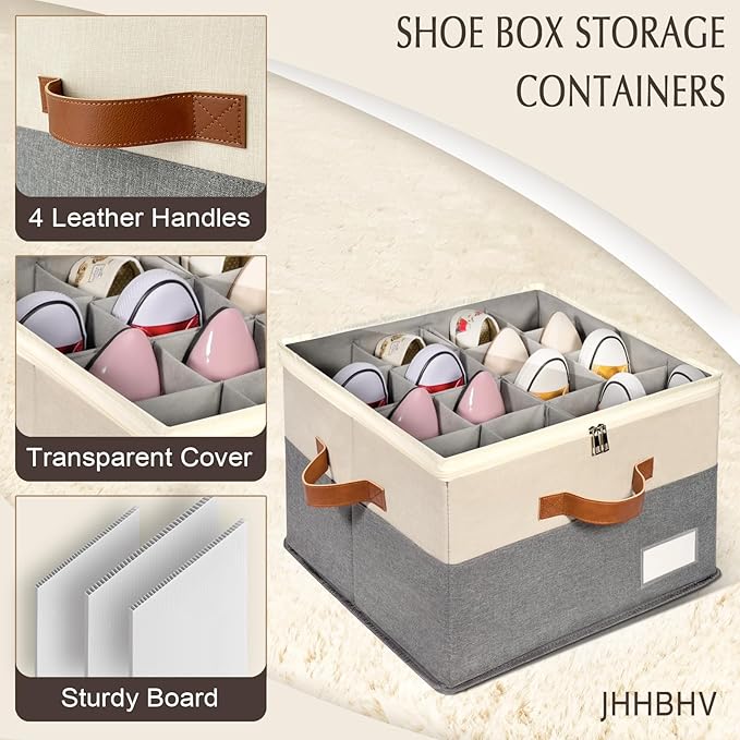 1 Pack Shoe Organizer for Closet, Adjustable Shoe Box Storage Containers, Large Foldable Shoe Bins with Clear Cover, Space Saving Shoes Holder with 4 Handles, Fits 8-16 Pairs, Beige-NeatNest