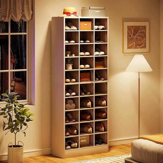 Tribesigns 10-Tier Shoe Storage Cabinet, White and Brown Wooden Shoe Rack with 30 Cubbies, Freestanding Tall Entryway Shoe Organizer for Closet, Entryway, Living Room-NeatNest