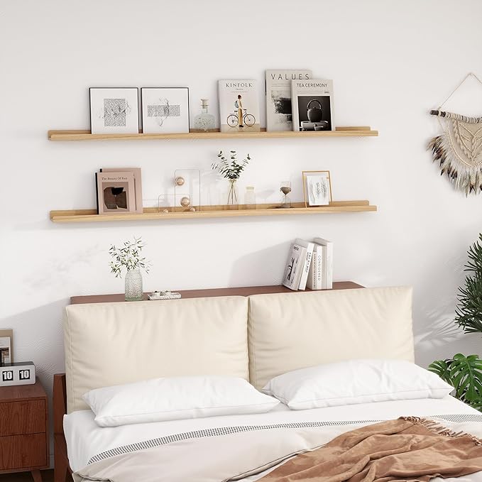 72 Inch Floating Shelves for Wall | Natural Wood Ledge Shelf Set of 2 | Solid Ash Wood Picture Ledge Shelves with Lip | Picture Shelf for Wall with Ledge | Photo Ledge Shelves-NeatNest