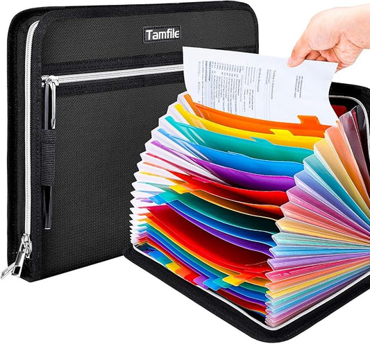 Tamfile Fireproof Waterproof Safe Expanding File Folder Accordion Document Organizer with 24 Pockets Portable Money File Bag Filing Holder and Color Lables/3Zippers A4 Letter Size (Black,14.3" 9.8")