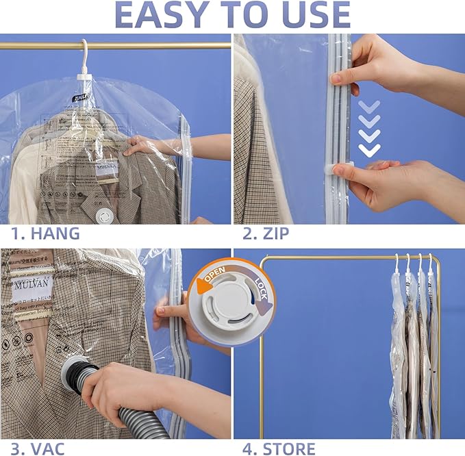Hanging Vacuum Storage Bags, 4 Pack (41.3 x27.6 inch), Vacuum Seal Bags for Clothing, Space Saver Garment for Short Clothes, Jacket, Suits, Dresses, Closet Oragnization and Storage-NeatNest