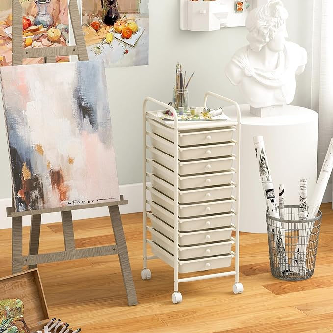 Giantex 10-Drawer Storage Cart w/Universal Wheel, Rolling Cart w/Handle, Home Organizer Storage Unit w/Removable Drawers, Trolley Utility Cart for Kitchen Makeup Living Room Office Play Room, Ivory