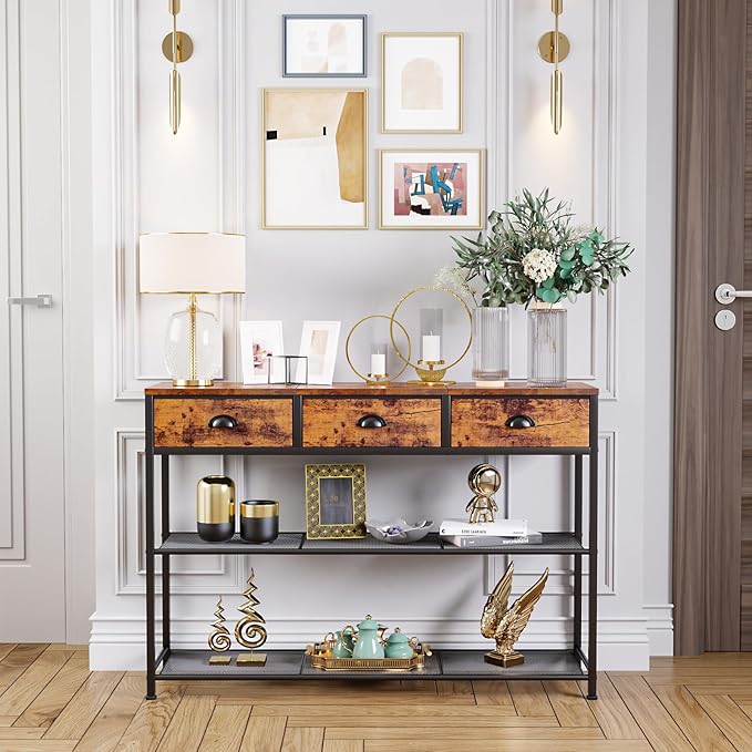 Furologee Entryway Table, 38'' Console Sofa Table with 3 Fabric Drawers, Industrial Entry Way Table with Storage Shelves, Display Shelf for Living Room, Hallway, Entrance, Foyer, Rustic Brown-NeatNest