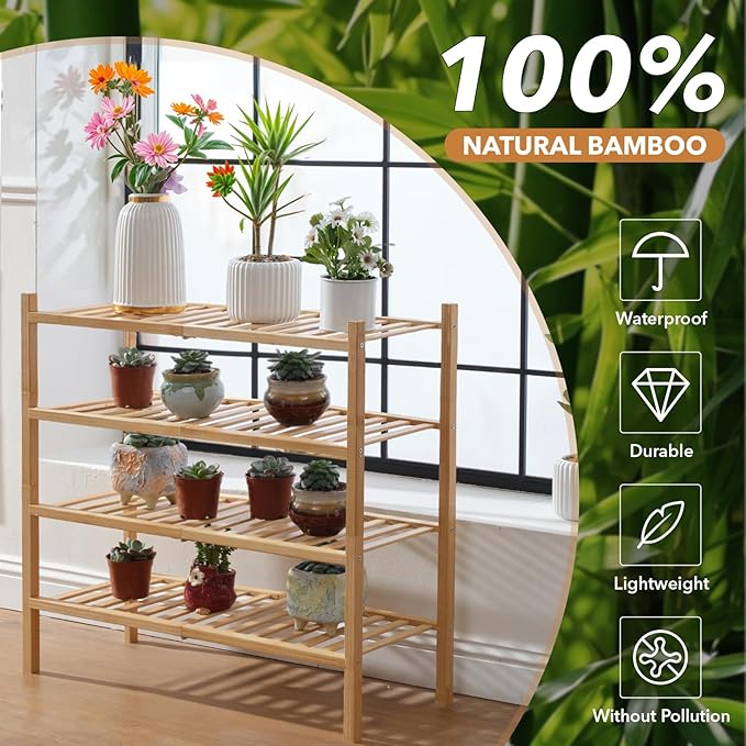 4 Tier Bamboo Shoe Rack Storage Organizer for Closet, Multifunctional Stackable Free Standing Shoe Shelf Organizer for Small Space,Entryway,Hallway,Bathroom 27"x11"x26"(Natural, 4 Tier)-NeatNest