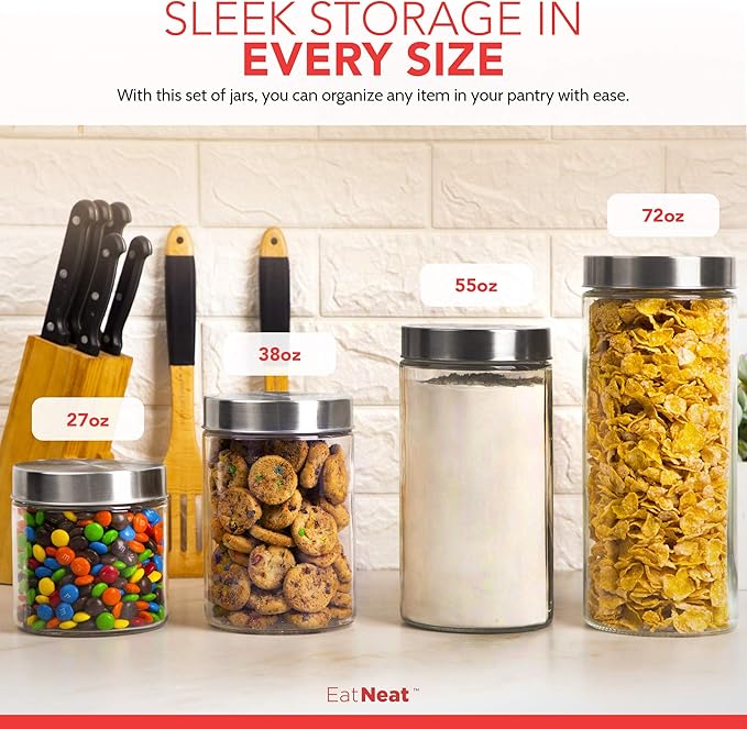 EatNeat 4-Piece Sleek Glass Canister Set with Brushed Stainless Steel Lids – Giftable, Durable Storage Containers for Countertop Use – Dishwasher-Safe Jars in Various Sizes for Pantry & Kitchen