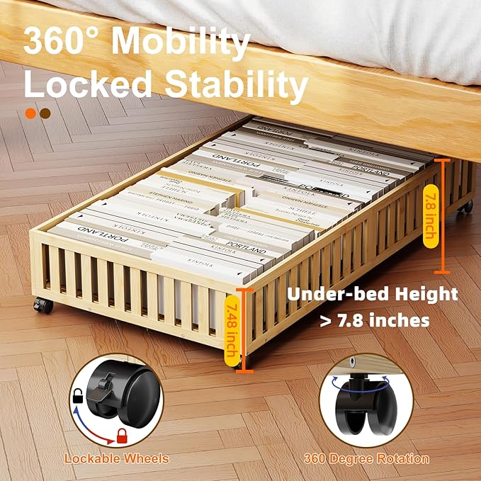 2Pack Bamboo Under Bed Storage Containers, UnderBed Storage with Wheels & 90L Large Capacity Dust Bag, Sturdy Rolling Under Bed Clothes Storage for Shoes Toy Book, Nature (37.48" × 20.08")-NeatNest