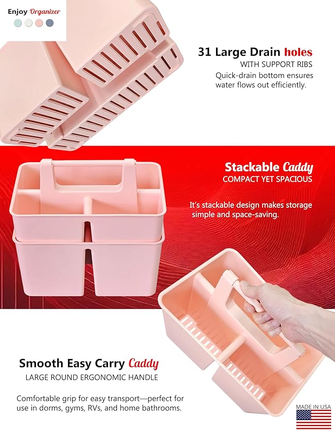 Shower Caddy Organizer with Handle, 3 Compartments, Portable Storage Bin for Bathroom, Dorm, Gym -Made In USA (Indie Pink)