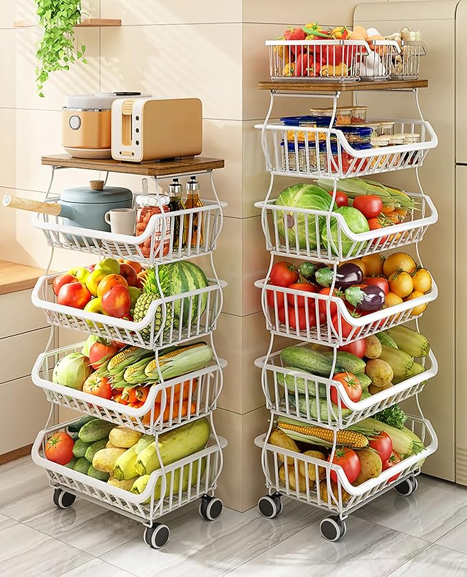 MURRI&MURRDI Fruit Vegetable Storage Basket with Wooden Lid, 6 Tier Stackable Storage Baskets with Wheels Produce Basket Organizer for Kitchen Rolling Rack Storage Cart for Pantry (White 6 Layer)