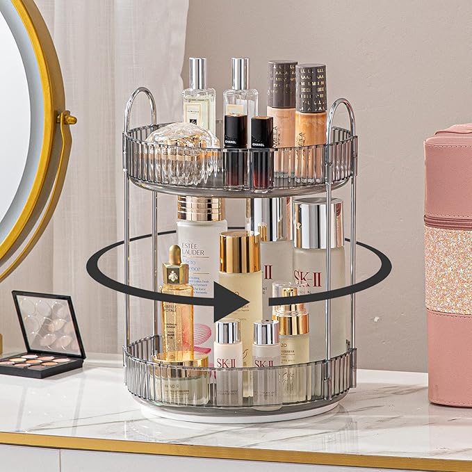 Rotating Makeup Organizer for Vanity, High-Capacity Skincare Clear Make Up Storage Perfume Organizers Cosmetic Dresser Organizer Countertop 360 Spinning (Gray, 2 Tier)-NeatNest