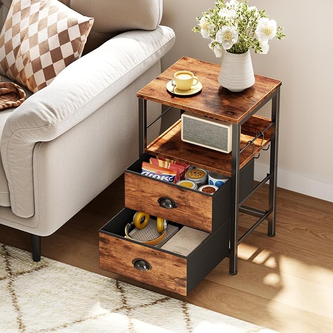 Furologee Nightstand with 2 Fabric Drawers, Night Stand with 2-Tier Shelf, Bedside Table with Hooks,Open Wooden Shelf, End Table for Bedroom, Living Room, Backboard Design, Metal Frame, Rustic Brown