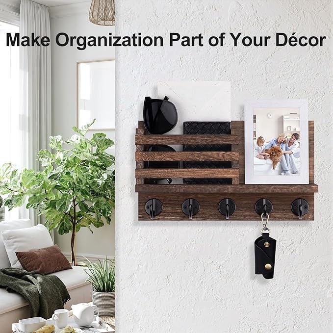 Key Holder for Wall – Decorative Wooden Mail Holder and Key Shelf with Mounting Hardware, Installation Guide – Paulownia Wood with 5 Metal Key Hooks (11.8” x 6.7” x 2.8”)