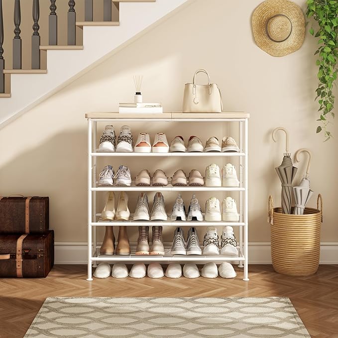 Shoe Rack Organizer 5 Tier for Closet Entryway Free Standing Metal Storage Shoe Shelf with MDF Top Board，White+Oak-NeatNest