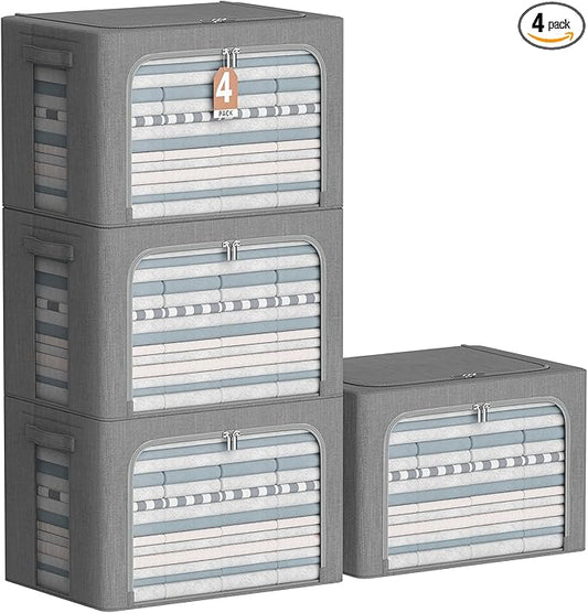 4 Pack Clothes Storage Bins with Metal Frame - Linen Fabric Foldable Stackable Container Organizer Set with Clear Window & Carry Handles & Zippers (Dark Gray, 23.6"x16.5"x15.7")-NeatNest