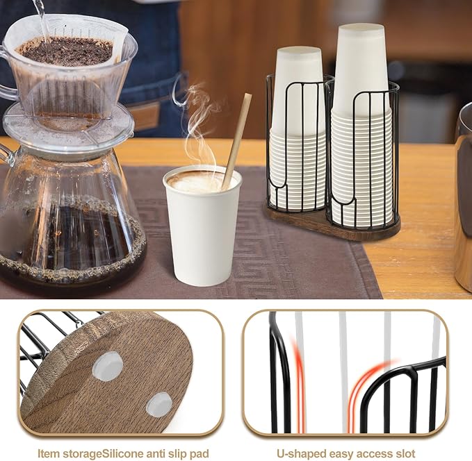 2-Compartment 18oz Coffee Cup Dispenser Rack with Wood Base, Disposable Cup, and Lid Organizer for Countertop - Perfect for Paper Cups, and Lid Organizer-NeatNest