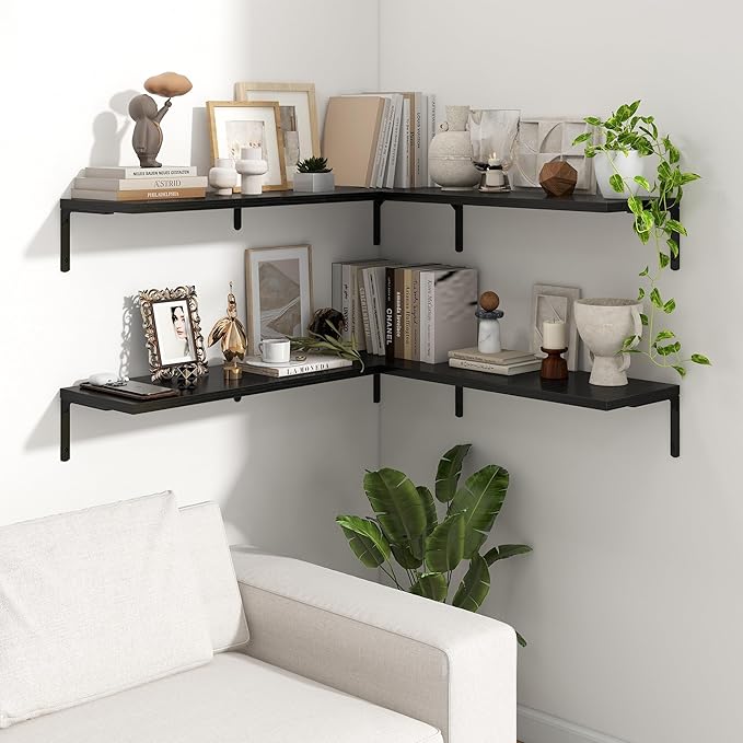 Fun Memories Deep Floating Shelves, 36W x 8D Floating Shelves Set of 2, Wall Mounted Shelf with Metal Brackets, Rustic Wood Wall Shelf for Bathroom, Kitchen and Living Room, Black-NeatNest