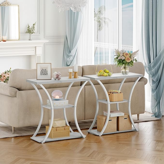 Hoctieon 3 Tier Console Table with Open Wood Shelves, Decorative Entryway Table with Curved Metal Frames, Narrow Sofa Table for Entrance, Living Room, Hallway, White Marbled-NeatNest