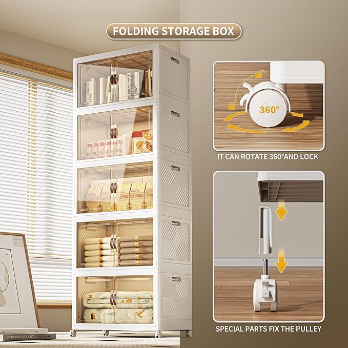 660 QT / 165 Gal Collapsible Storage Bins with Wheels & Magnetic Doors - Stackable Plastic Cabinet Organizer for Home, Garage, Closet (White Space-Saving Containers)-NeatNest
