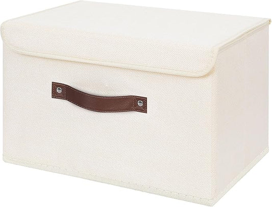 ANMINY Storage Bin with Lid Storage Boxes with PU Leather Handles PP Plastic Board Decorative Foldable Lidded Cotton Linen Fabric Home Cubes Baskets Closet Organizer Container - Beige, Large Size-NeatNest