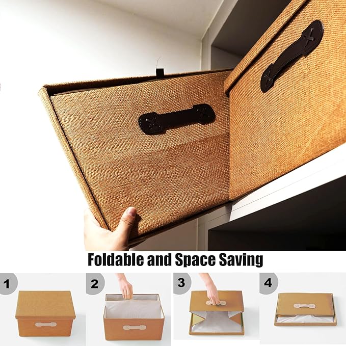Enzk&Unity Decorative Storage Bins with Lids, Fabric Linen Foldable Storage Box with Handle Home Organizer for Shelf, Closet, Bedroom, Living Room, Office, 3 Packs, Brown-NeatNest
