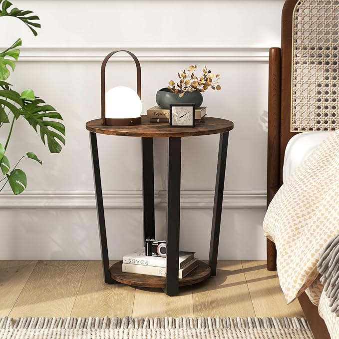 Giantex Round End Table, 2-Tier Side Sofa Table with Open Storage Shelf and Metal Frame, Industrial Nightstand Bedside Table for Living Room, Bedroom, Small Space, Accent Furniture, Rustic Brown