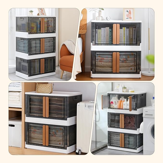 3 Pack 8.4 Gallon Collapsible Storage Boxes, Lidded Storage Box with Door and Wheels for Books, Towels and Clothes, Folding Storage Box for Home, White